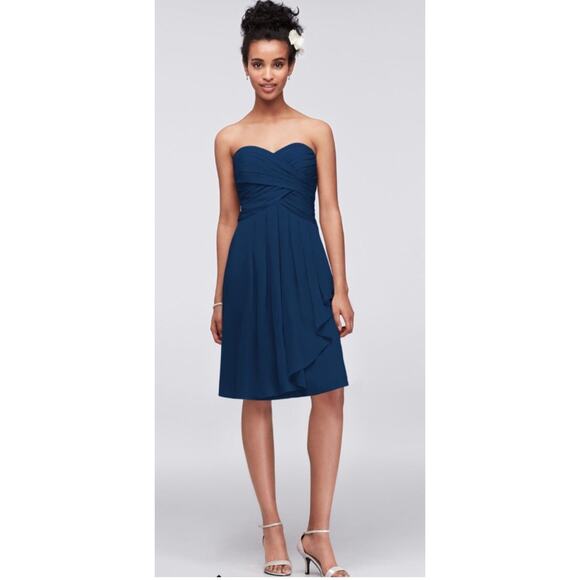 David’s Bridal Strapless Chiffon Mini Dress 2 Navy Blue F14847 Prom Wedding - Picture 2 of 8